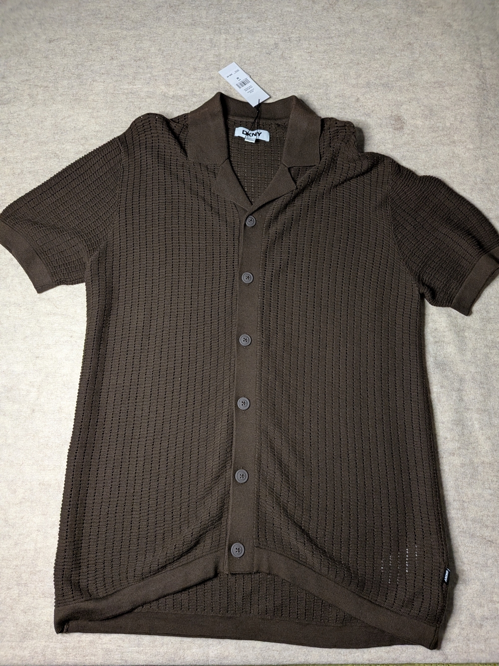 DKNY Brown Open-Knit Short Sleeve Button-Down Shirt